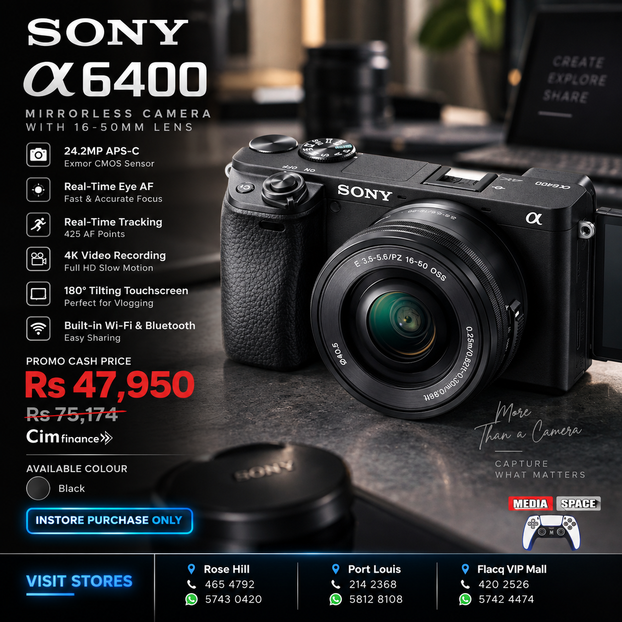 Sony Alpha a6400 Mirrorless Camera: Compact APS-C Interchangeable Lens Digital Camera with Real-Time Eye Auto Focus, 4K Video, Flip Screen & 16-50mm Lens - E Mount Compatible - ILCE-6400L/B, Black - Image 2