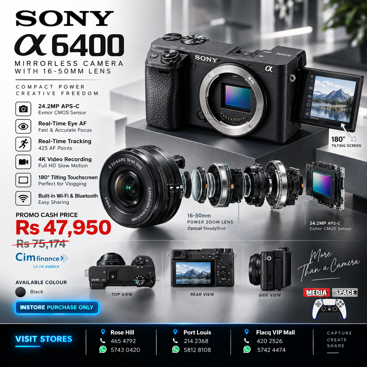 Sony Alpha a6400 Mirrorless Camera: Compact APS-C Interchangeable Lens Digital Camera with Real-Time Eye Auto Focus, 4K Video, Flip Screen & 16-50mm Lens - E Mount Compatible - ILCE-6400L/B, Black - Image 3