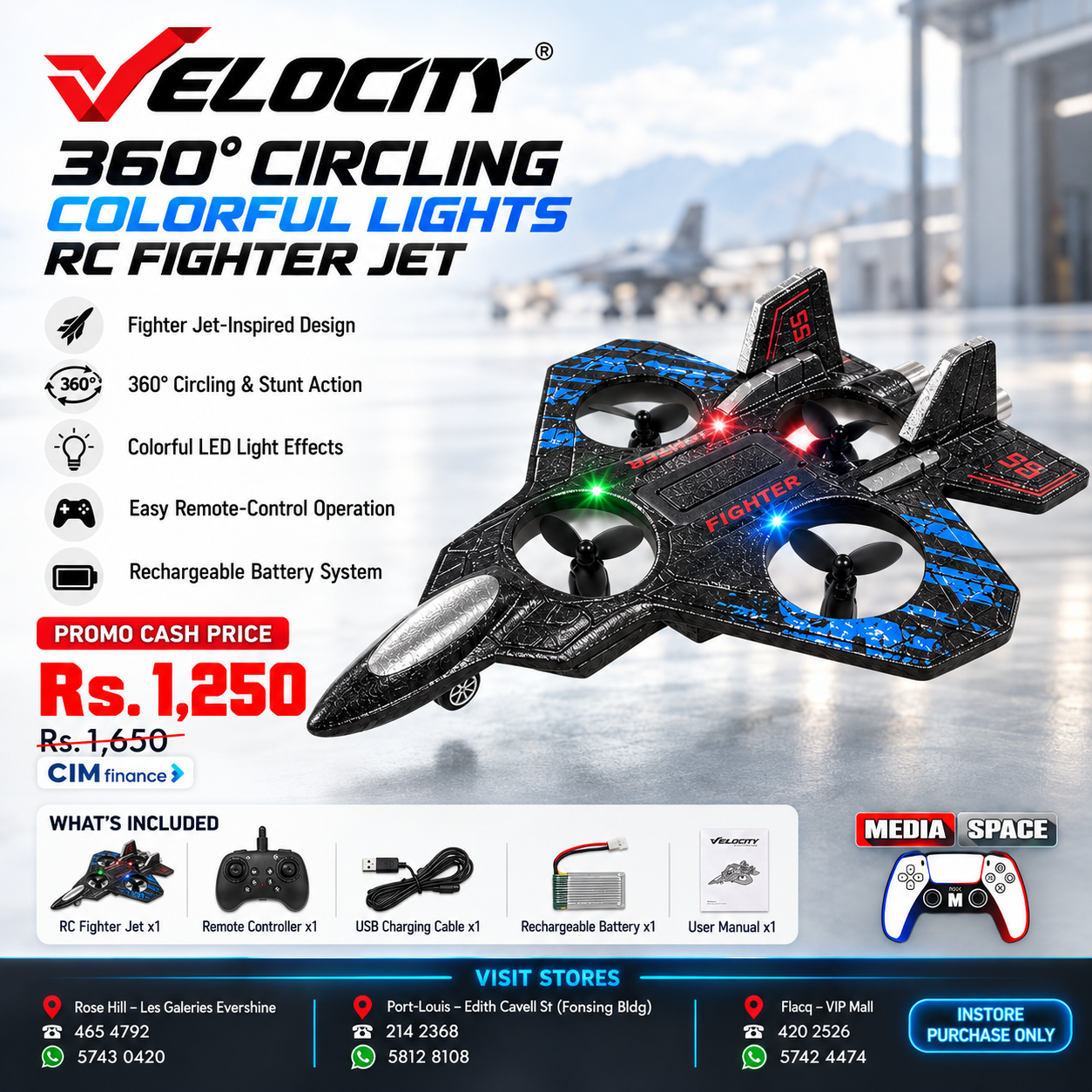 VELOCITY 360° Circling Colorful Lights RC Fighter Jet Durable Foam Plane Toy with Light 2.4G Stunt EPP Safe Rc Airplane for Kids Gifts