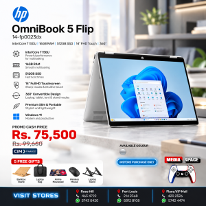 HP OmniBook 5 Flip Laptop, 14" 2K IPS Touch Display, Intel Core 7 Series 1 Processor, 16GB RAM, 512GB SSD, Intel Graphics, English keyboard, Windows 11 PRO, Glacier Silver (14-fp0023dx)